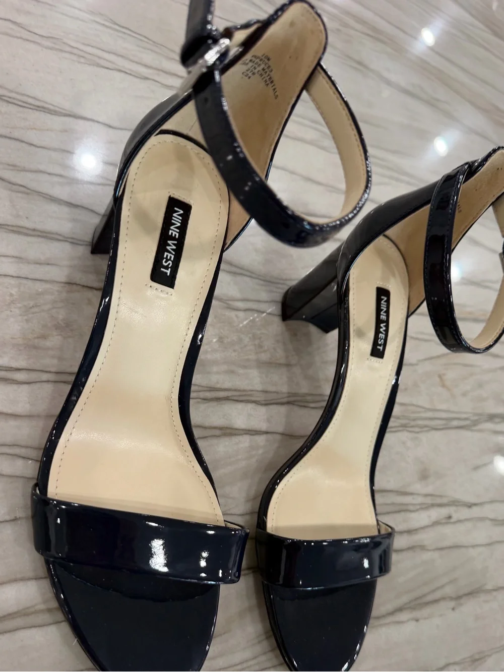 Nine West Pruce 3 Navy Patent Ankle Strap Block Heel Sandals Size 10 NIB